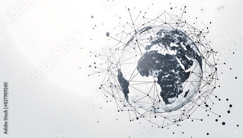 Digital globe with global network connections, white background, simple lines representing the Earth's surface, global map, data flow in black & grey tones, with subtle geometric patterns around it.