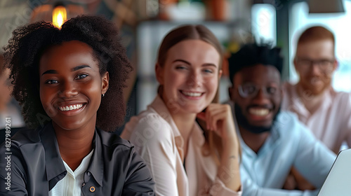 Photo of diverse group of leaders smiling, Successful business team gathered in a boardroom, young professional business people standing together © Art-Park