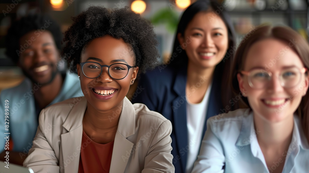 Photo of diverse group of leaders smiling, Successful business team gathered in a boardroom, young professional business people standing together Photo of diverse group of leaders smiling, Successful business team gathered in a boardroom, young professional business people standing together