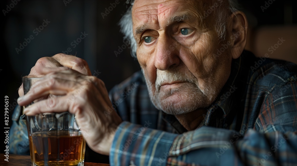 Pensive elderly man holding a glass of whiskey, looking thoughtful. Close-up portrait of a senior in casual attire. Perfect for concepts like aging and contemplation. AI Pensive elderly man holding a glass of whiskey, looking thoughtful. Close-up portrait of a senior in casual attire. Perfect for concepts like aging and contemplation. AI