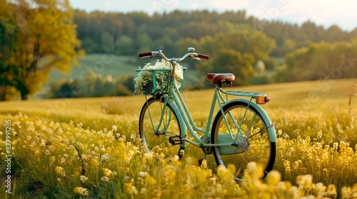 Vintage bicycle in a sunny field. Perfect for nature and outdoors. Ideal for peaceful summer scenes. AI