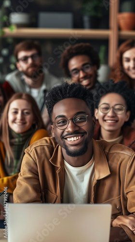 Photo of diverse group of leaders smiling, Successful business team gathered in a boardroom, young professional business people standing together