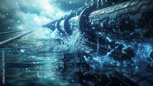 A burst water pipe with streams of sensitive data flowing from the cracks and flooding the digital landscape.