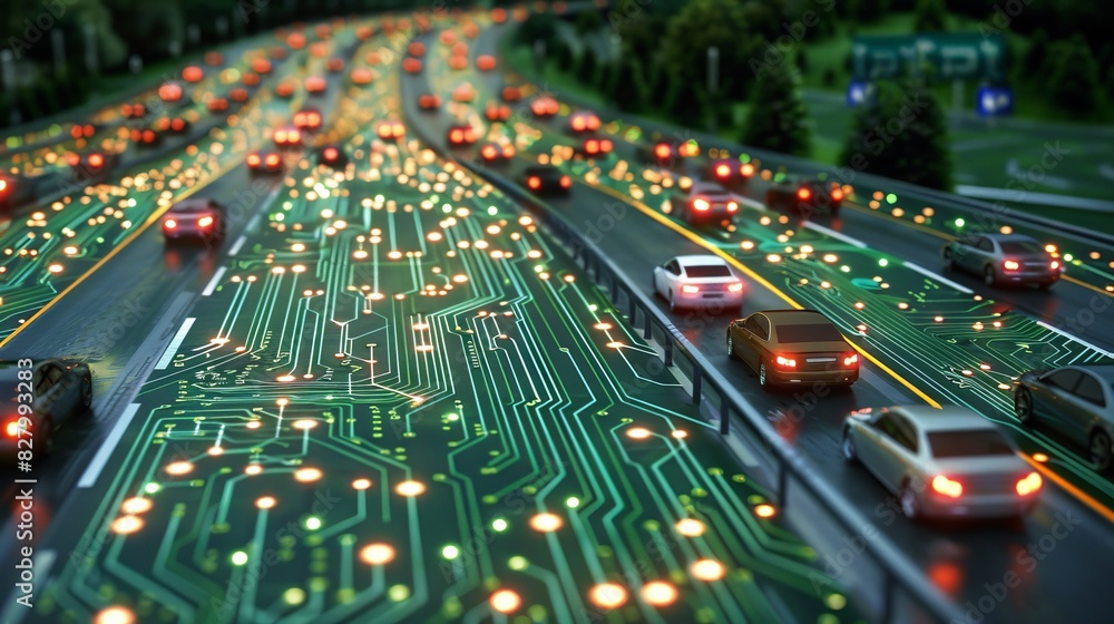 Obraz premium Nighttime freeway driving with a focus on vibrant city lights and fast moving traffic