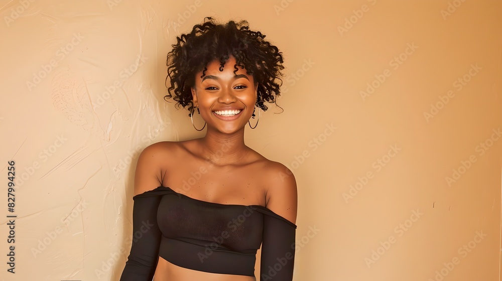 Smiling woman in black off-shoulder top. Stylish and confident. Perfect for fashion and lifestyle content. AI Smiling woman in black off-shoulder top. Stylish and confident. Perfect for fashion and lifestyle content. AI