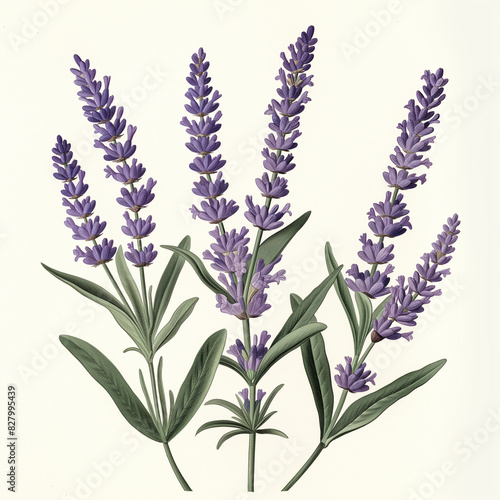 Botanical illustration of purple lavender with green leaves on light background
