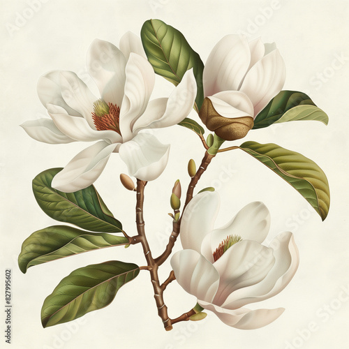 Botanical illustration of white magnolia with green leaves on light background
