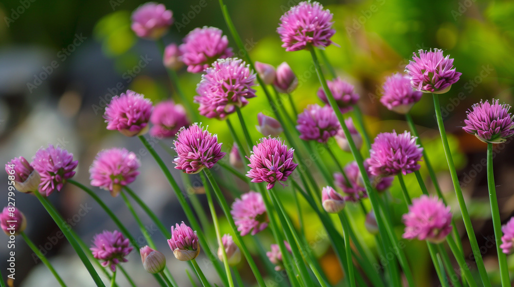 Pink Chive Flowers Blooming in Garden Pink Chive Flowers Blooming in Garden