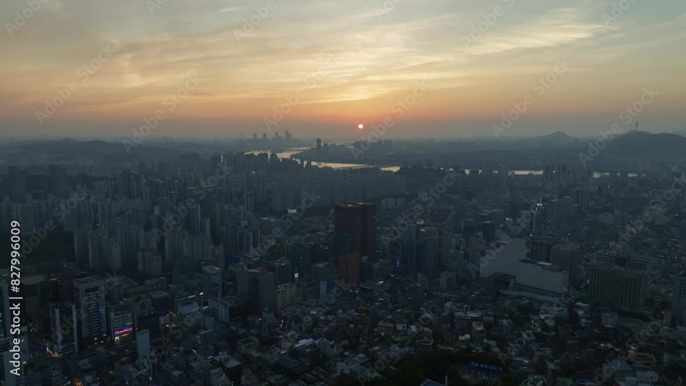 Drone View of Seoul city in South Korea, Gangnam, Sunset, Summer Drone View of Seoul city in South Korea, Gangnam, Sunset, Summer