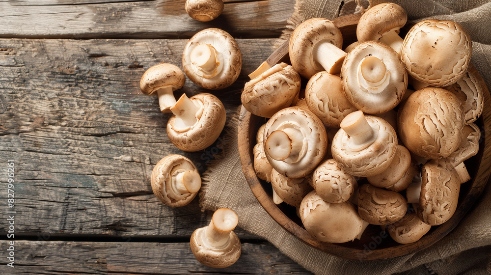 Fresh Mushrooms in Wooden Bowl on Rustic Table Fresh Mushrooms in Wooden Bowl on Rustic Table