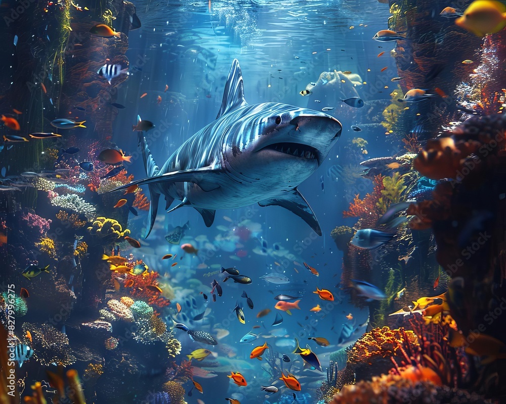 Majestic aquarium featuring a large shark gliding through the water, surrounded by schools of fish and a dramatic underwater landscape Majestic aquarium featuring a large shark gliding through the water, surrounded by schools of fish and a dramatic underwater landscape