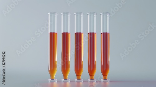 3d illustration of a five chemical test tubes, timeless nostalgia, object portraiture specialist front view, super appeal look, chunky big details, simple design, front view, no isometry, the overall  photo