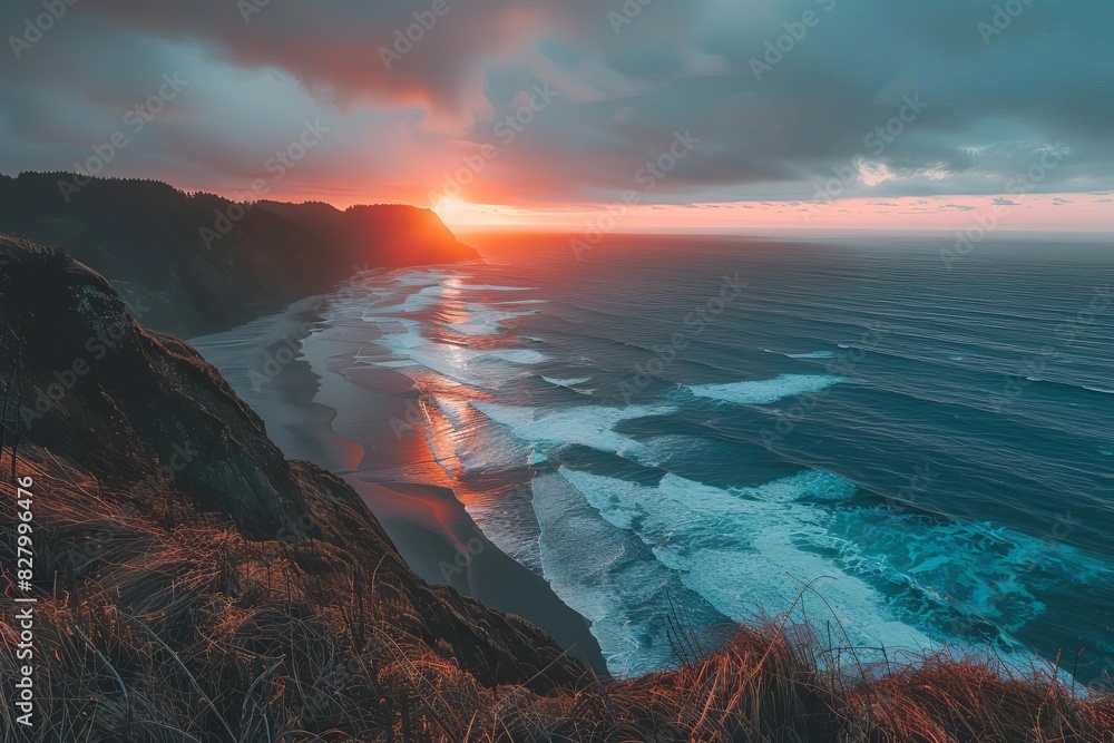 Naklejka premium Majestic scenic overlook on a cliff, with a sweeping view of the ocean, crashing waves below, and a dramatic sunset on the horizon