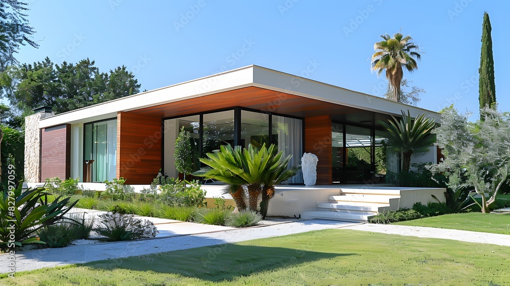 A modernist house made of white marble wood and concrete. The exterior is adorned with geometric shapes . A modernist house made of white marble wood and concrete. The exterior is adorned with geometric shapes .