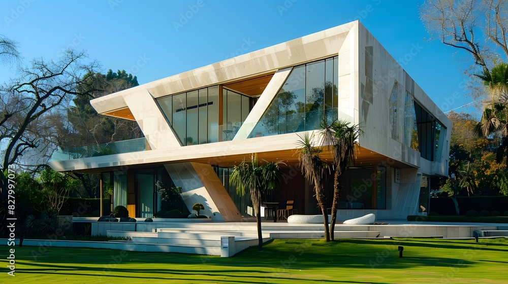 Fototapeta premium A modernist house made of white marble wood and concrete. The exterior is adorned with geometric shapes .