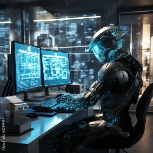Futuristic digital artwork of a cyborg  working at a holographic computer in a high-tech, neon-lit environment