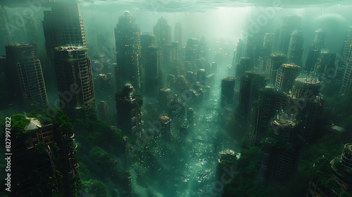 illustration of futuristic metropolis submerged beneath ocean waves with towering skyscrapers bioluminescent reefs and underwater habitats teeming with life in a subaquatic world of wonder and mystery