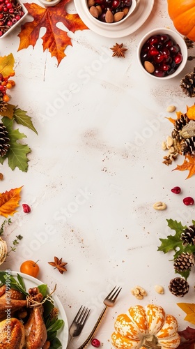 Flat lay mockup for autumn Thanksgiving. Empty sheet in the middle. Top view, copy space.