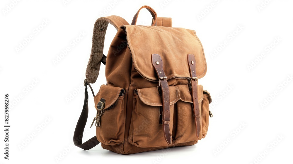 Naklejka premium Contemporary brown backpack displayed against a white background