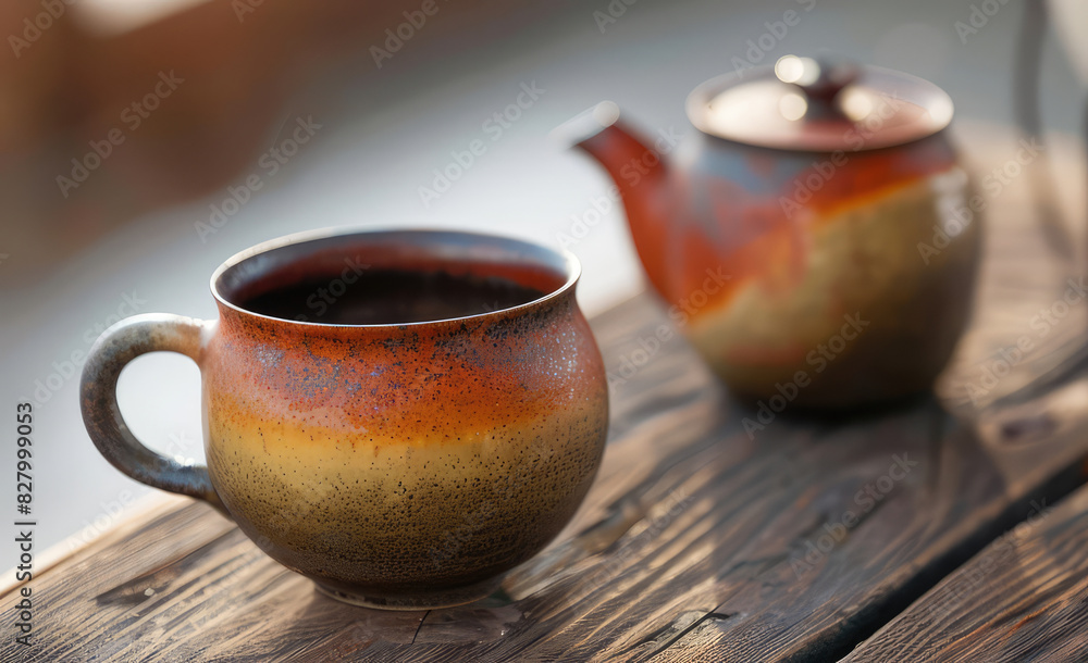 Ceramic teapot and cup of tea on a wooden table Ceramic teapot and cup of tea on a wooden table