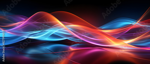 Colorful vibrant neon light stripes and dots, illuminated modern light waves, luminous lighttail stripes on a dark moody background, futuristic design, modern elegant light art © Marc