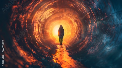 Seeking Hope in the Tunnel of Uncertainty - A person standing at the edge of a dark tunnel, contemplating how to reach the distant light of hope. photo