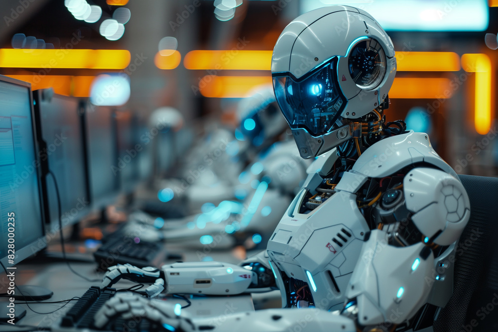 Fototapeta premium Robot Sitting in Front of Computer Monitor