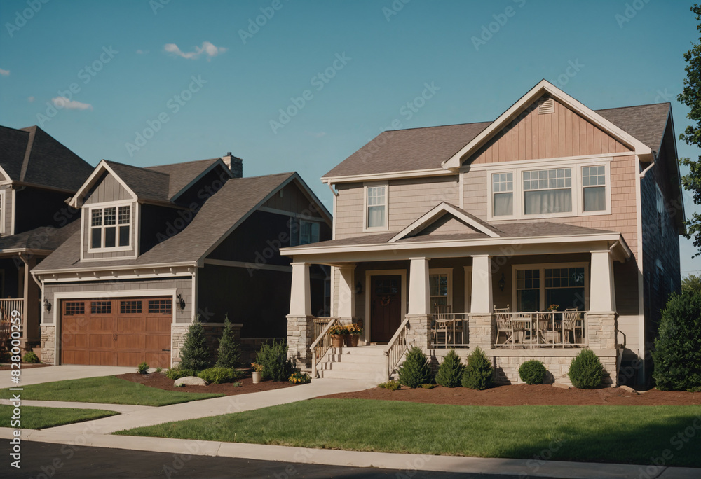 Small American Single-Family Houses, Suburban Homes with Freshly Mown Lawns, Suburban Life in Small Town Small American Single-Family Houses, Suburban Homes with Freshly Mown Lawns, Suburban Life in Small Town