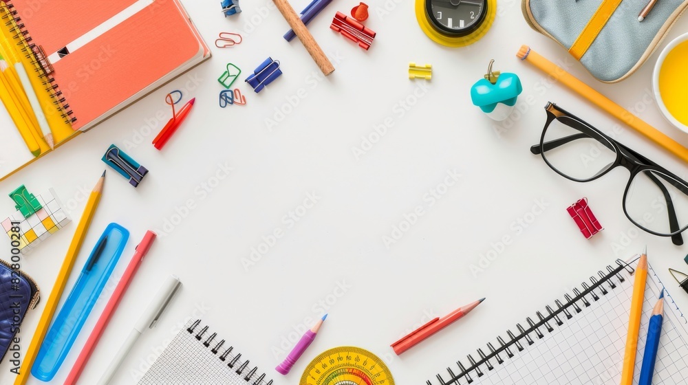 Flat lay mockup for back to school. Empty sheet in the middle. Top view, copy space. Flat lay mockup for back to school. Empty sheet in the middle. Top view, copy space.