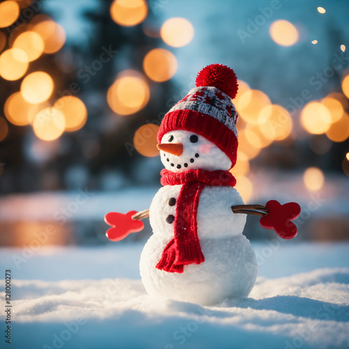 Snowman with Smiling Face and Winter Scarf in Snow