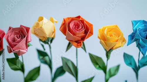 Colorful origami roses for Valentine s Day love themes White background with room for text