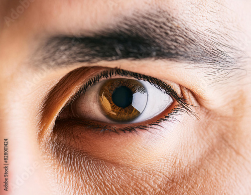 Nahaufnahme eines schönen braunen Auges eines Mannes mit dicken Augenbrauen ki generiert  photo