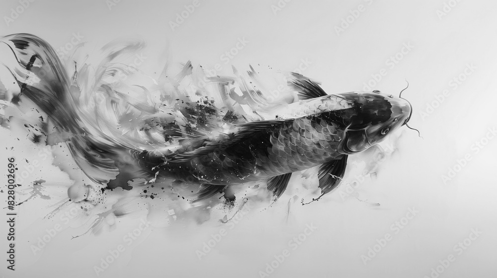 Abstract ink illustration of a fish koi black and white background