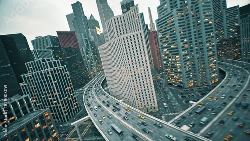 Digital City Downtown Landscape FPV Fly Through Intense Highway Traffic Financial District Green Energy Overpopulation Autonomous Vehicles Ai Concept