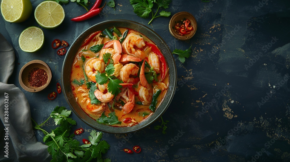 Thai Cuisine - Tom Yum Goong, Spicy Thai Shrimp Soup with Lemongrass, Kaffir Lime Leaves, and Fresh Herbs - Generative AI Thai Cuisine - Tom Yum Goong, Spicy Thai Shrimp Soup with Lemongrass, Kaffir Lime Leaves, and Fresh Herbs - Generative AI