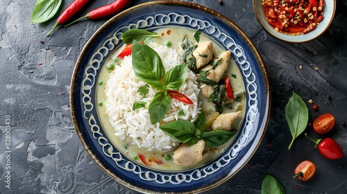 Traditional Thai Green Curry with Rice - Top-down View of Aromatic and Flavorful Thai Dish Garnished with Fresh Basil and Chili, Showcasing Vibrant Colors and Textures - Generative AI