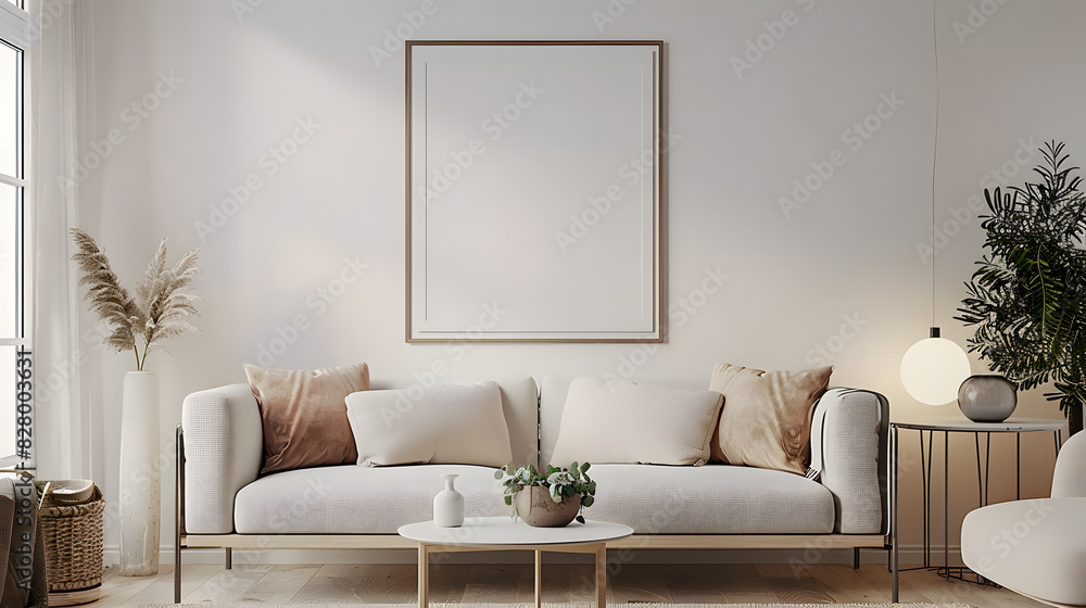 Living room wall poster mockup. Interior mockup with house background. Modern interior design. 3D render Living room wall poster mockup. Interior mockup with house background. Modern interior design. 3D render