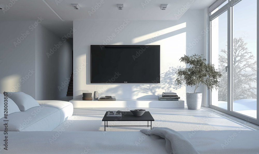 Fototapeta premium 3d rendering, Minimalist white interior with super-sized wall-mounted TV