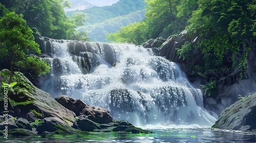 A painting depicting a waterfall flowing through a lush forest  surrounded by green trees and rocks. Generative AI