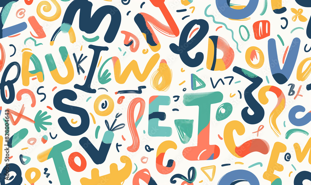 A seamless pattern of colorful doodle letters on a white background in a flat design style using simple shapes, thin lines, and playful A seamless pattern of colorful doodle letters on a white background in a flat design style using simple shapes, thin lines, and playful
