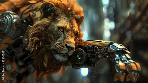 A steampunk lion with glowing eyes and a robotic arm stands in a dark, industrial setting.