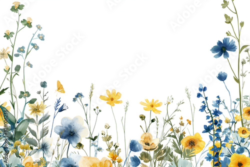 Watercolor wildflower border, yellow blue and white, white background photo