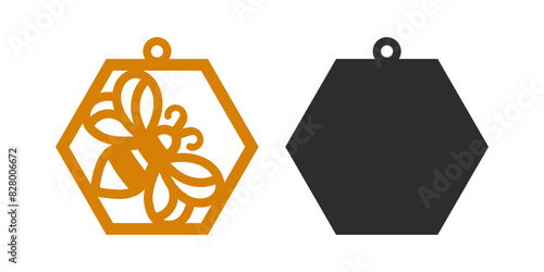 Vector design with bee for earrings, pendant or keychain with hexagon shape. Jewelry silhouette laser cut template. Cnc cutting with metal, wood or leather
