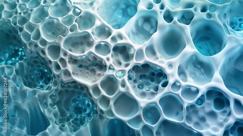 The image is a blue and white abstract piece with a lot of holes and bubbles