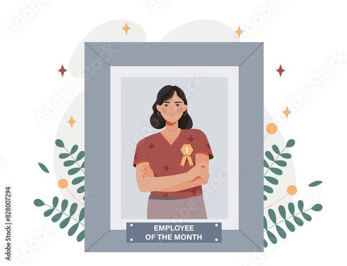 Woman who won the employee of the month nomination. The girl with the prize for the best work. Ranking and rating. Hardworking successful entrepreneur or employee. Flat vector illustration