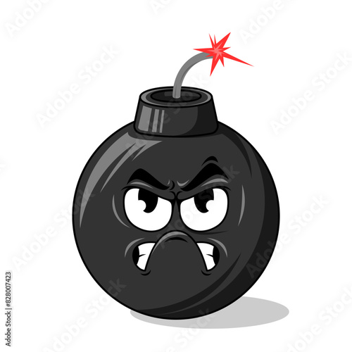 Burning bomb with angry cartoon expression isolated on transparent white background