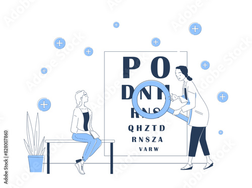 A female ophthalmologist checks a patient's vision. Eyeglasses and contact lenses fitting. Health care and medicine. Line art flat vector illustration on white background