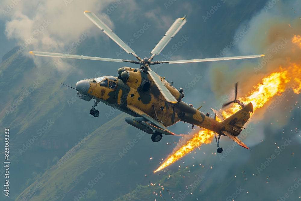 Helicopter Engulfed in Flames Flying Through the Air Helicopter Engulfed in Flames Flying Through the Air