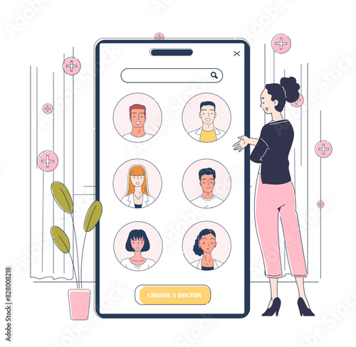 Mobile app for finding the doctor and making an appointment. Woman next to giant smartphone with male and female physicians in medical uniform. Medical mobile application. Line art vector illustration