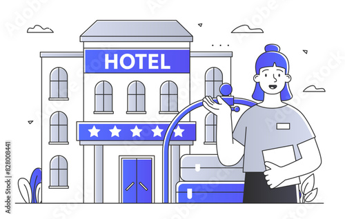 Five star hotel. Woman with baggage and luggage in front of building. Place for tourists and travelers. Accommodation for vacationers. Line art style flat vector illustration on white background